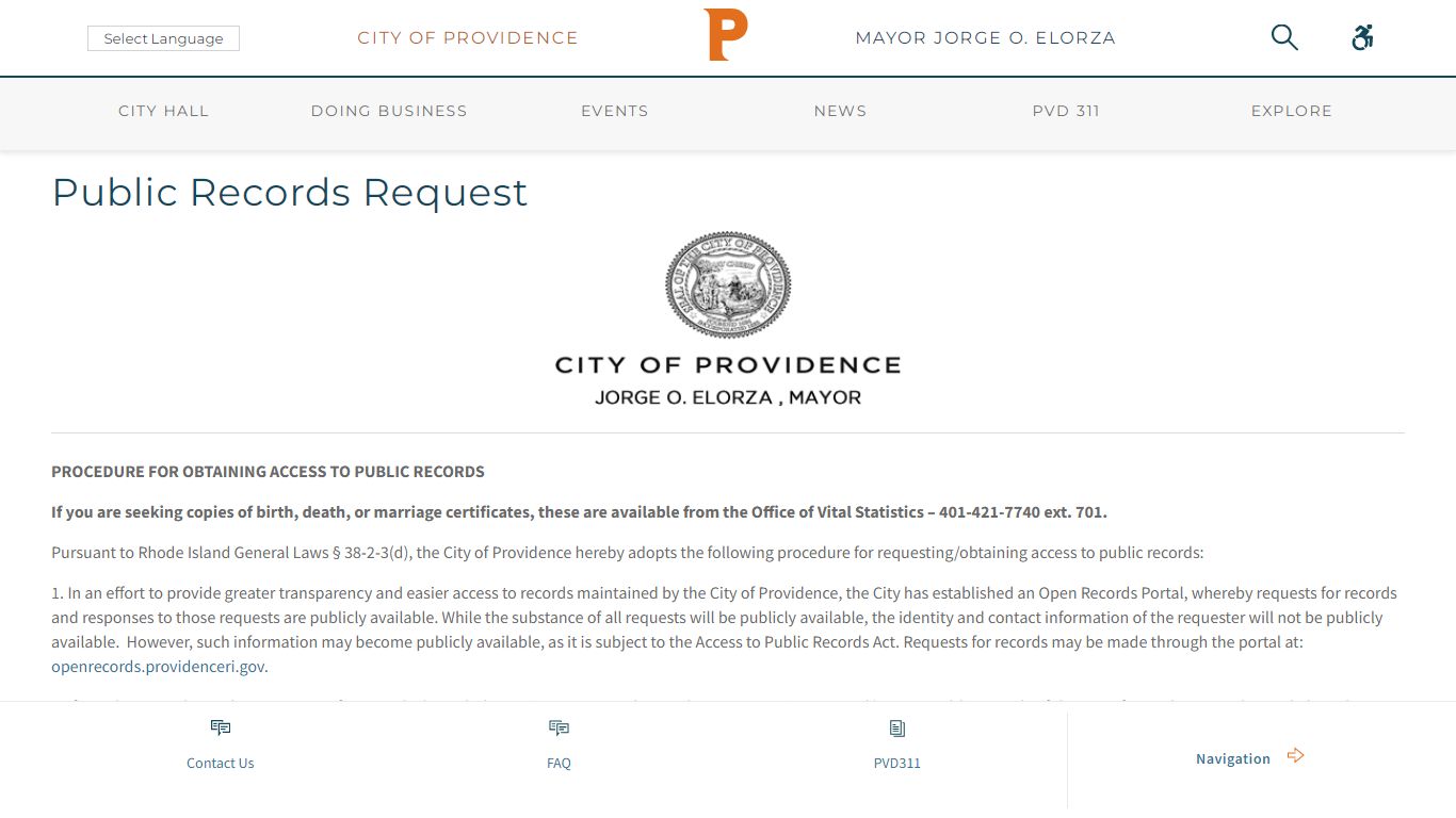 Public Records Request - City of Providence